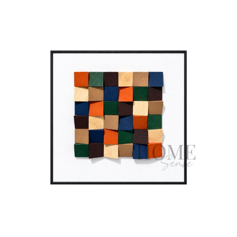 Chromatic Mosaic colourful 3D wooden block wall art on an ivory backing in a black PP frame, 50x50cm