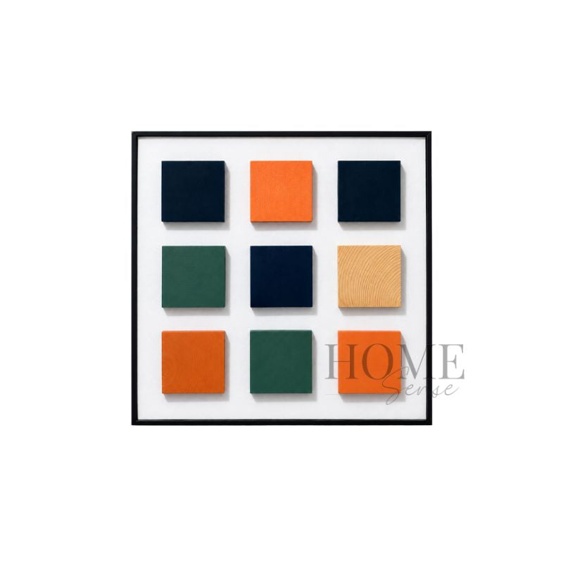 Colour Coordinates 3D geometric wall art with navy, green, orange and natural wooden blocks in a black PP frame, 50x50cm