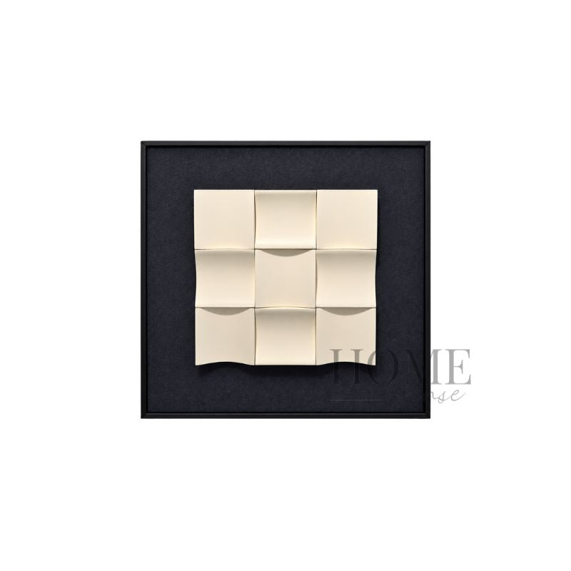Softly Sculpted 3D wall art with nine curved ivory resin panels on a charcoal backing in a black PP frame, 50x50cm
