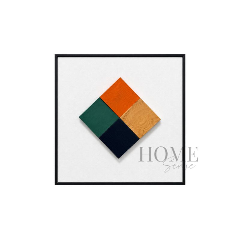 Elements in Colour 3D geometric wall art with green, orange, navy and natural wooden blocks in a black PP frame, 50x50cm