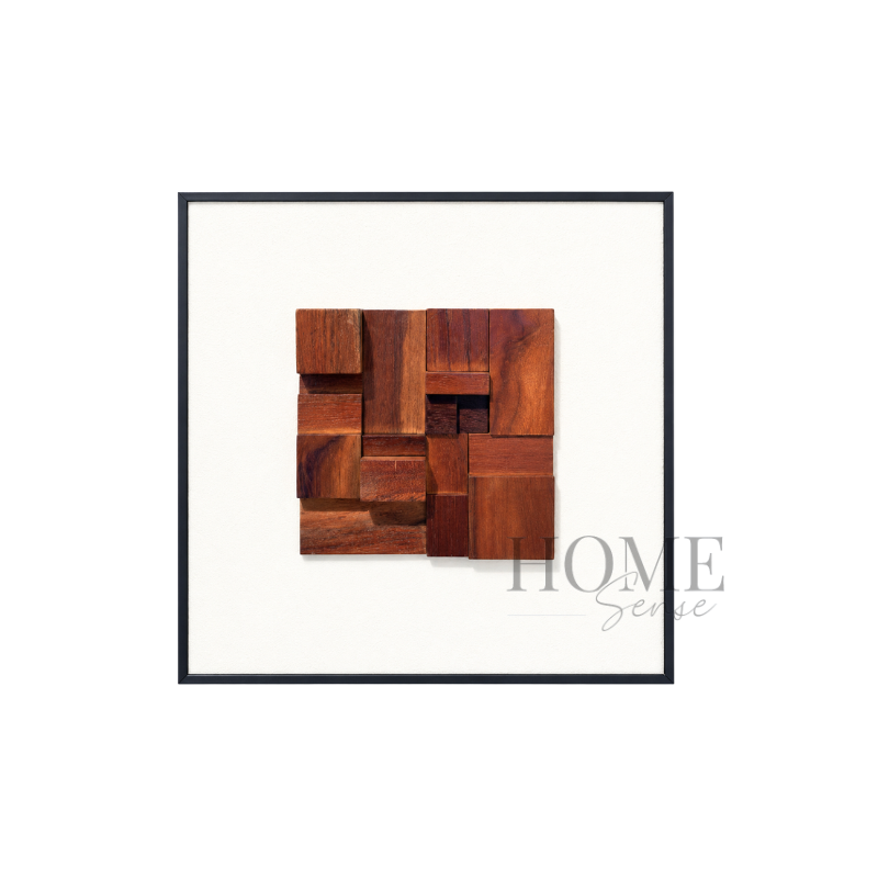 Timber Rhythm 3D geometric wall art with raised natural wood blocks in a black PP frame, 60x60cm