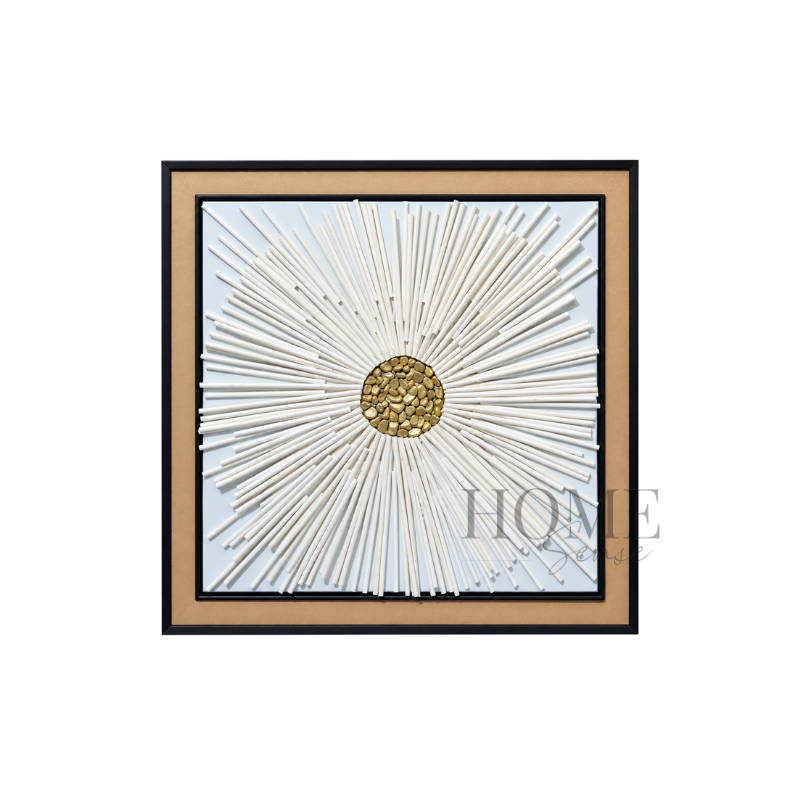 Rays of Serenity ivory-white 3D paper sunburst wall art with a gold centre in a black PP frame, 60x60cm