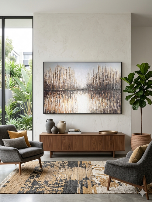 Modern living room with a television, furniture, and decorative items.