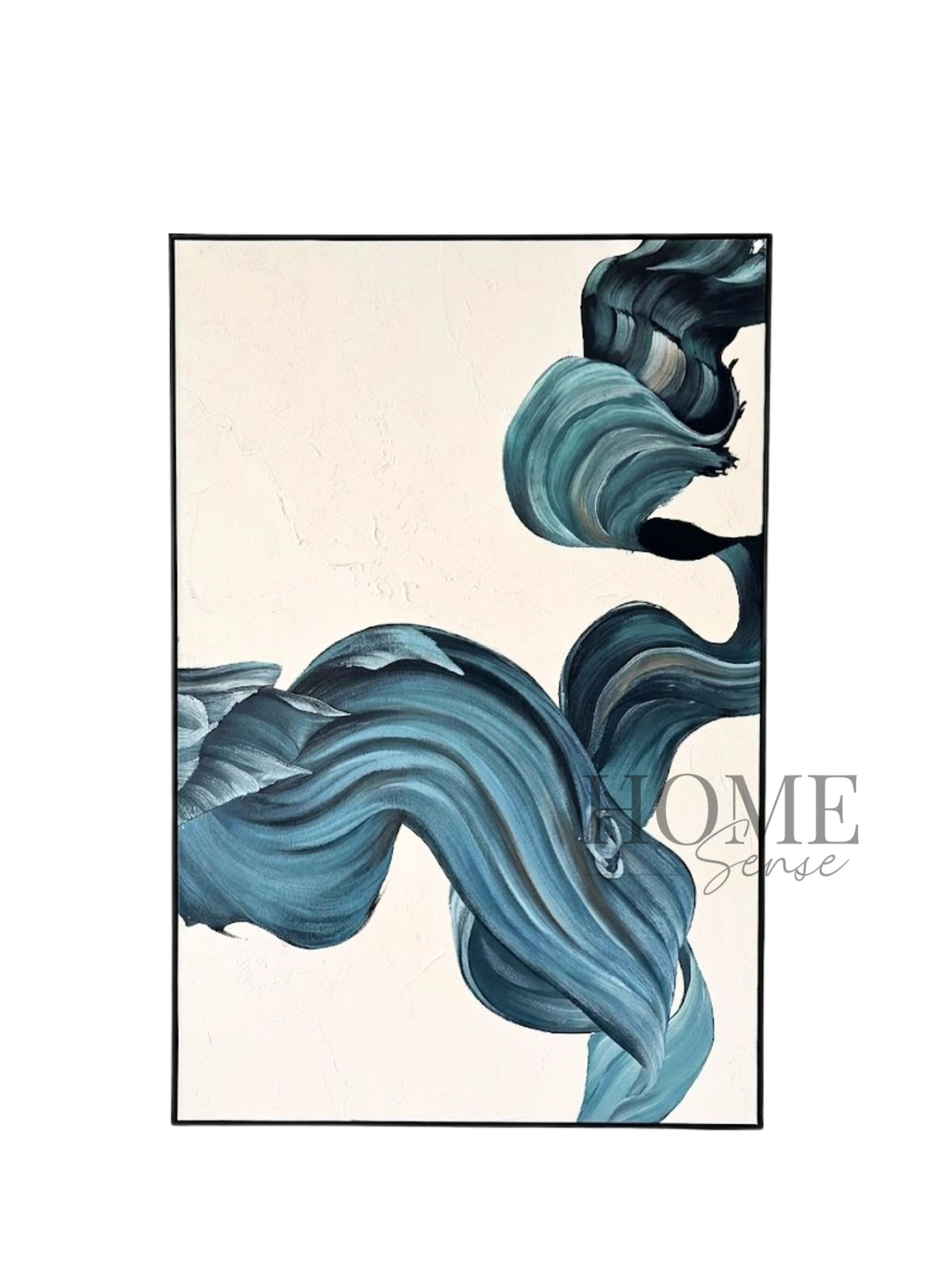 Flowing Grace canvas wall art with sweeping teal and deep blue forms on an off-white background in a black frame.