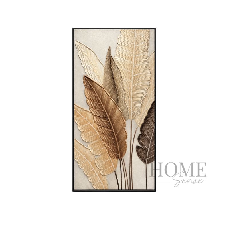 Golden Botanica tall 3D botanical canvas wall art with ivory, gold and brown tropical leaves in a black PP frame, 70x140cm