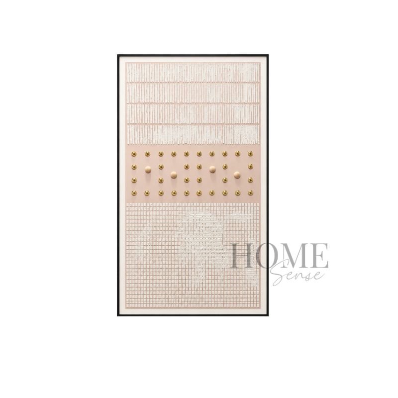 Lines of Serenity blush-pink textured geometric canvas wall art with white, gold and wooden details in a black PP frame, 80x120cm