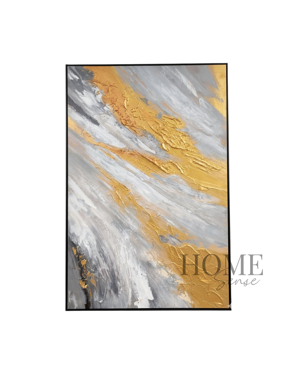 Where Gold Flows portrait textured abstract acrylic wall art featuring flowing gold-toned, white, silver-grey and charcoal layers in a black PP frame, 80x120cm