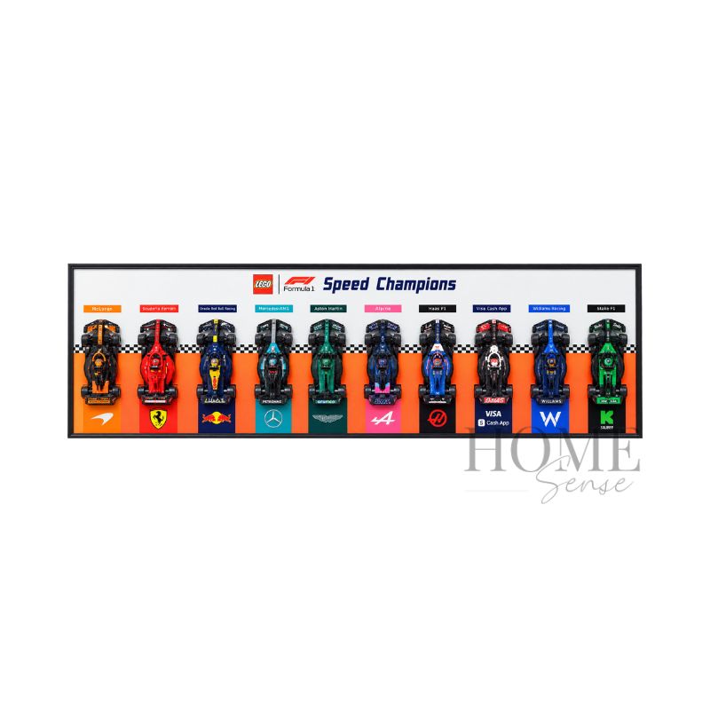 Grand Prix Line-Up F1-inspired wall art with 10 miniature racing cars, 120x45cm