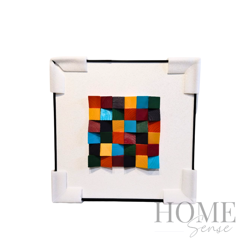 Geometric Wood Block Wall Art , Black Frame
