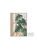 Monstera in Morning Light portrait botanical acrylic wall art featuring forest-green leaves and warm beige shadows in a black PP frame, 70x100cm