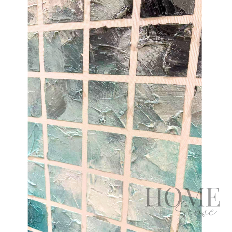 Close-up of Aqua Mosaic raised geometric square texture in aqua blue and mint green