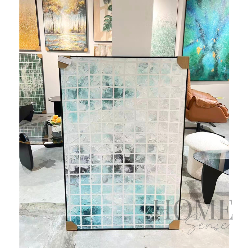 Modern aqua blue and white mosaic abstract canvas wall art in black frame