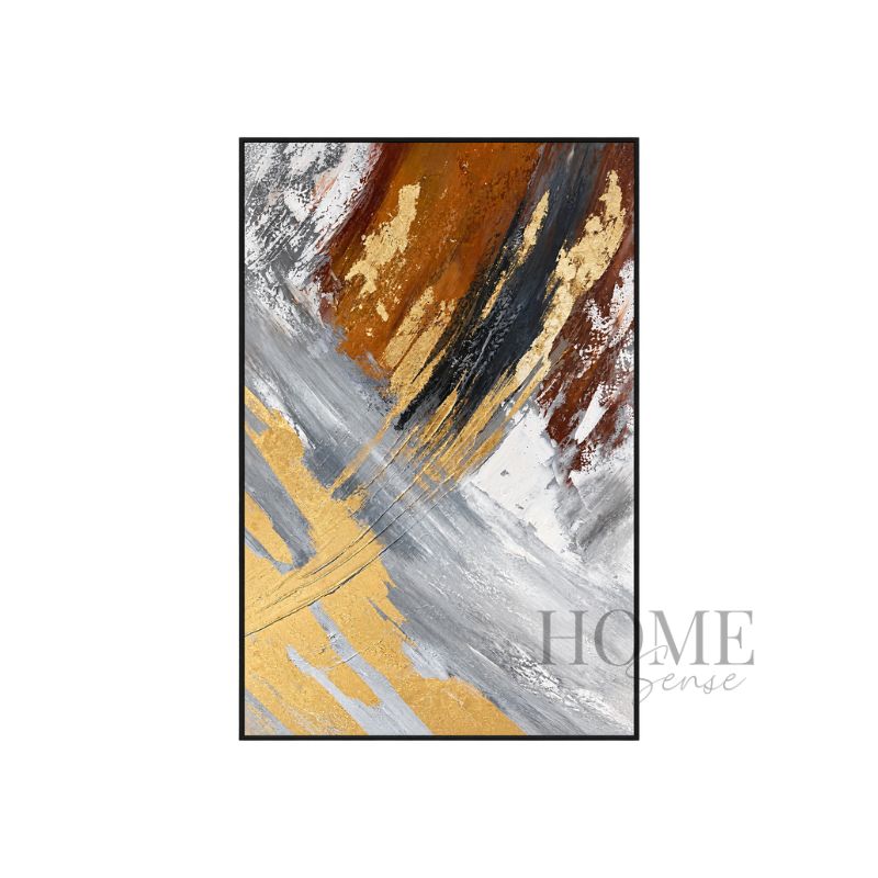 Gilded Ascent portrait abstract canvas wall art with textured gold, charcoal, grey and brown strokes in a black PP frame, 80x120cm