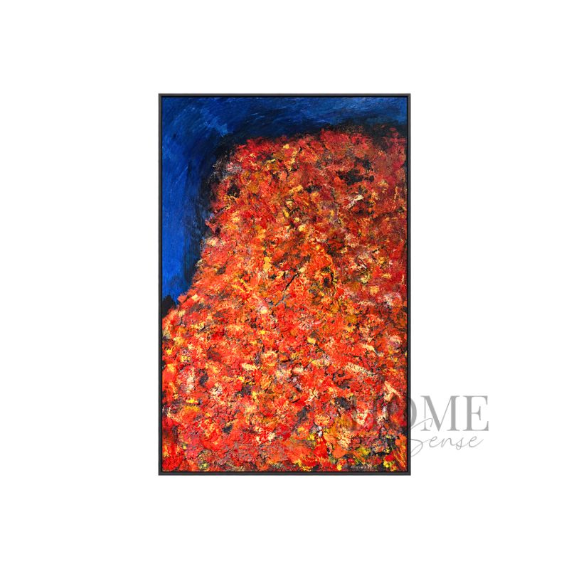 Ember Ascendant large textured abstract canvas with fiery red, orange and gold layers against a midnight-blue background in a black PP frame, 100x150cm
