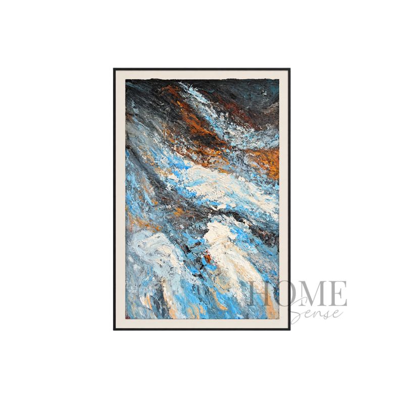 Tempest in Blue large portrait abstract canvas wall art with textured blue, ivory, charcoal and bronze tones in a black PP frame, 100x150cm