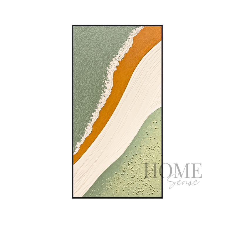 Flowing Harmony tall abstract canvas wall art with flowing sage green, ochre and ivory forms in a black PP frame, 80x160cm