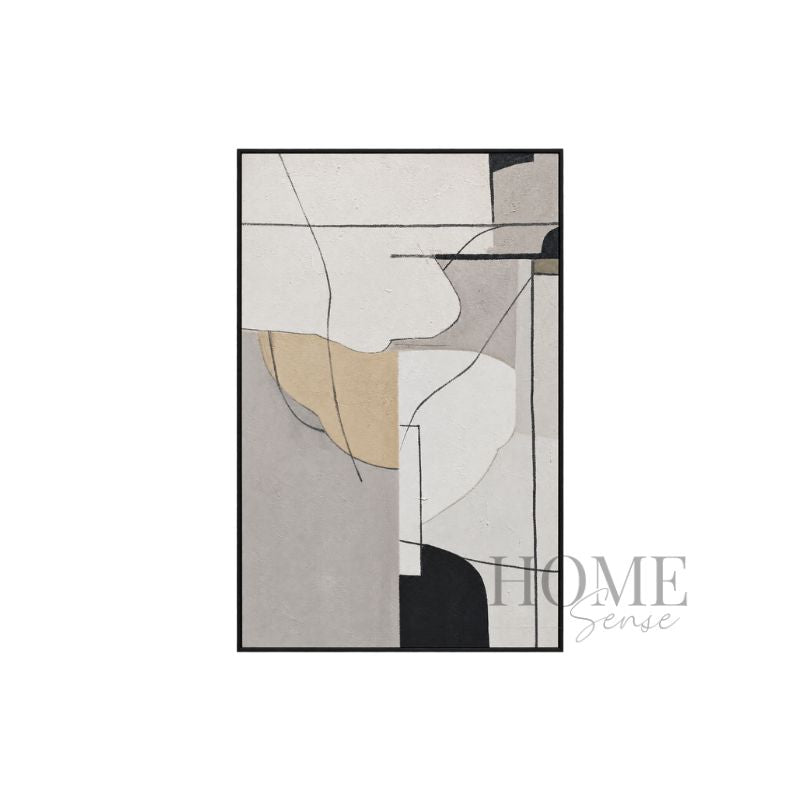 Fragments of Calm neutral textured abstract canvas wall art with curved beige and grey forms in a black PP frame, 70x100cm