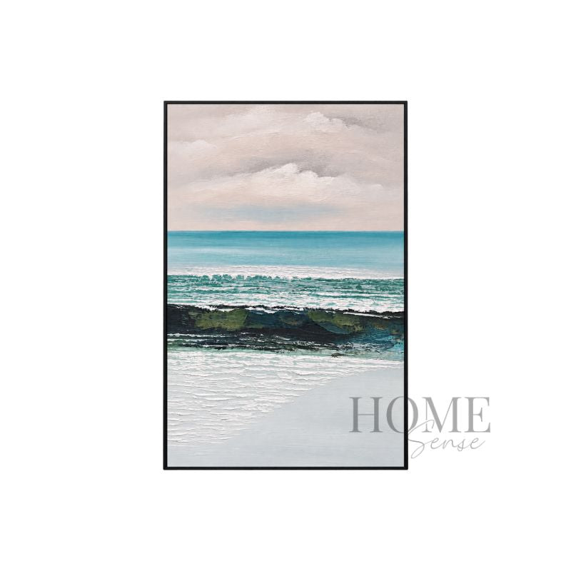 Where the Sea Rests portrait coastal canvas wall art with turquoise water and raised white waves in a black PP frame, 70x100cm