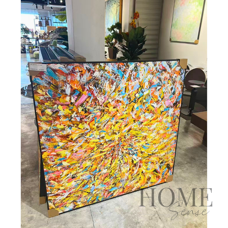 Modern multicolour expressive abstract canvas painting with black frame