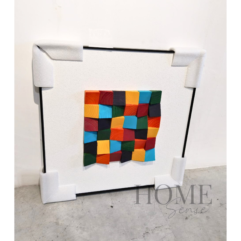 Geometric Wood Block Wall Art , Black Frame