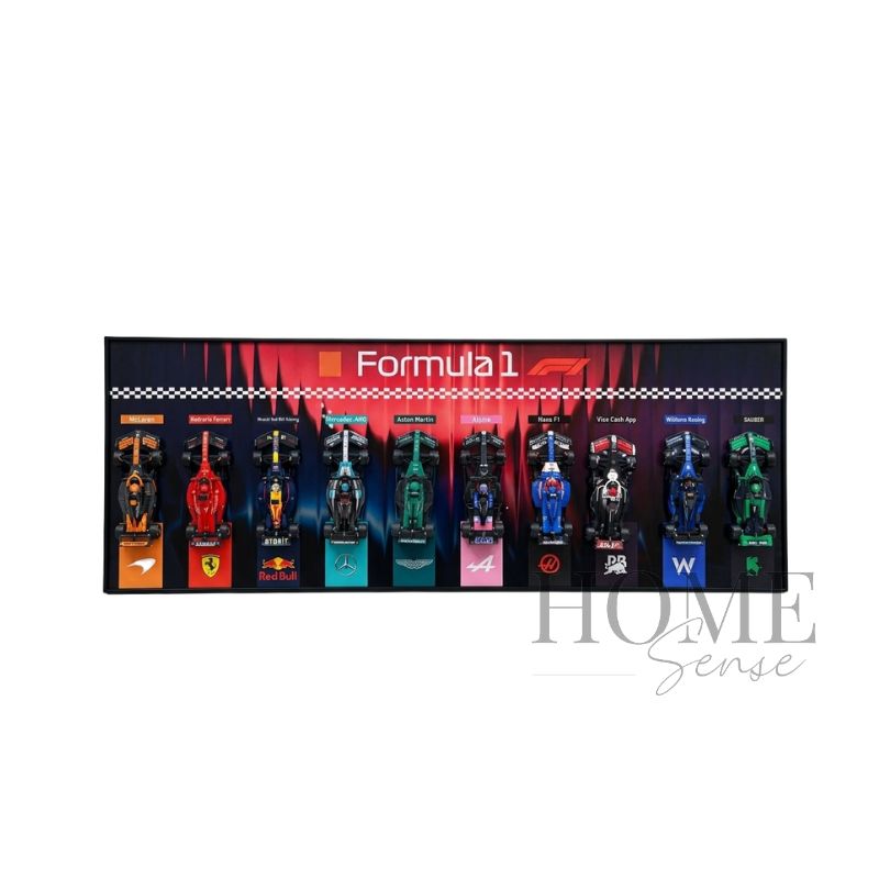 Championship Grid F1-inspired wall art with 10 miniature racing cars, 120x45cm