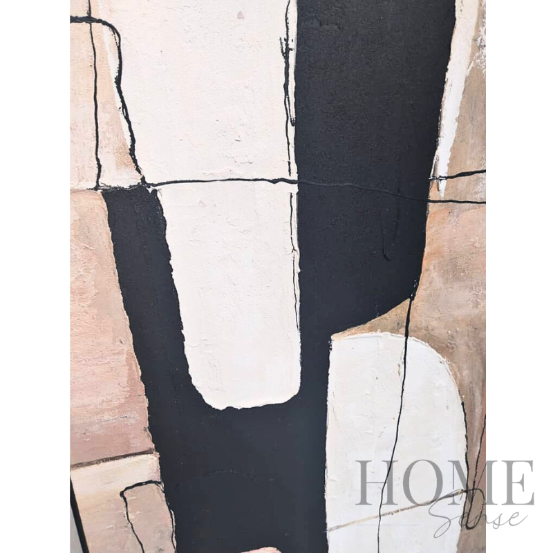Close-up of Abstract Alignment black ivory and beige textured geometric artwork