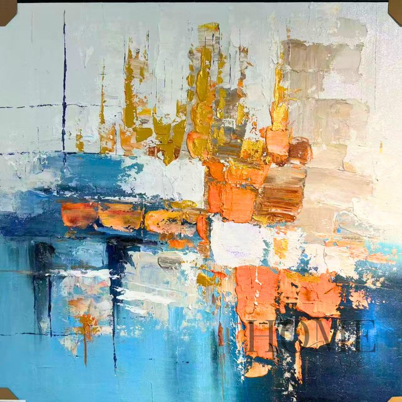 Close-up of raised ochre, gold, orange, white and azure-blue acrylic textures on Ochre Over Azure abstract wall art