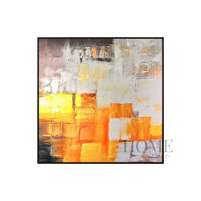 Amber Architecture square geometric canvas wall art with textured amber, orange and silver-grey blocks in a black PP frame, 100x100cm