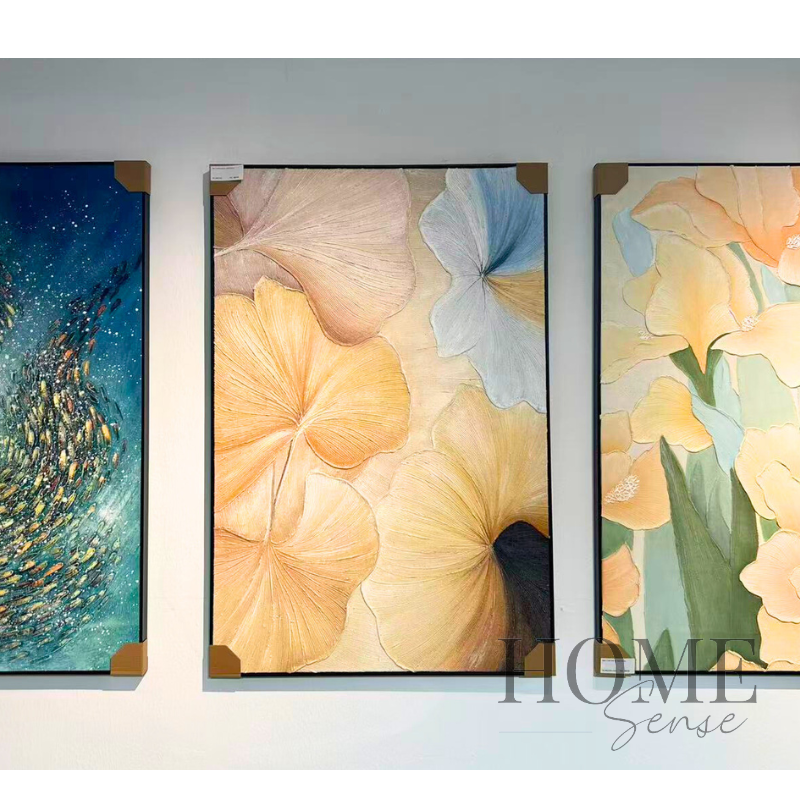 Modern champagne gold beige and muted blue textured floral canvas wall art