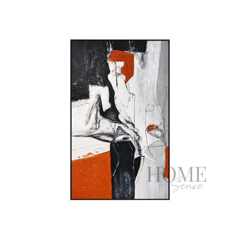 Terracotta Dialogue large portrait abstract canvas wall art with textured terracotta, black, white and grey forms in a black PP frame, 100x150cm