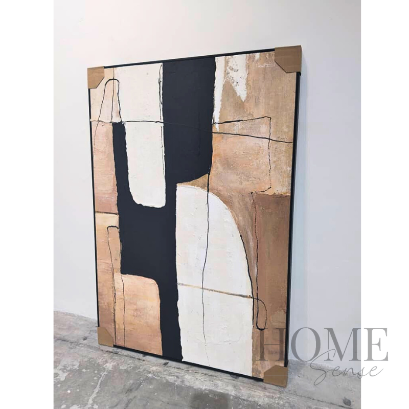 Modern black beige and ivory geometric abstract canvas wall art