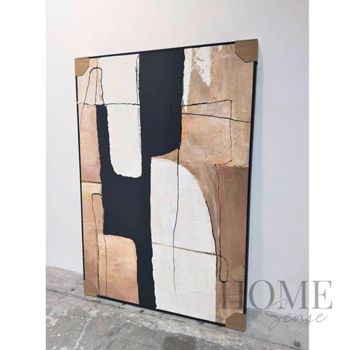 Modern black beige and ivory geometric abstract canvas wall art