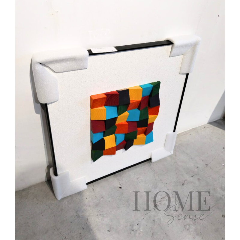 Geometric Wood Block Wall Art , Black Frame