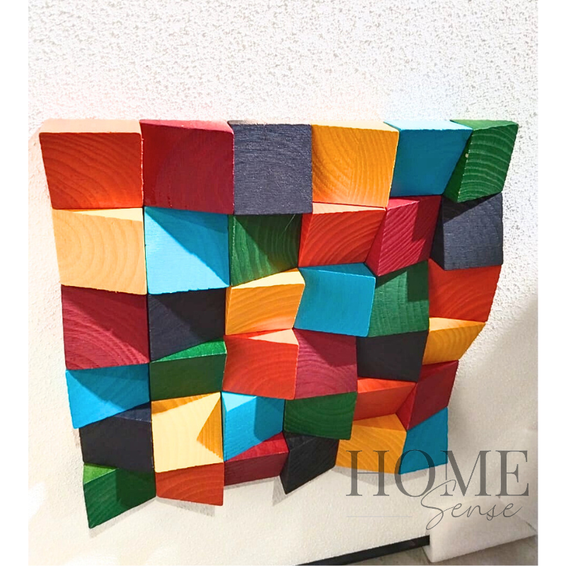 Geometric Wood Block Wall Art , Black Frame