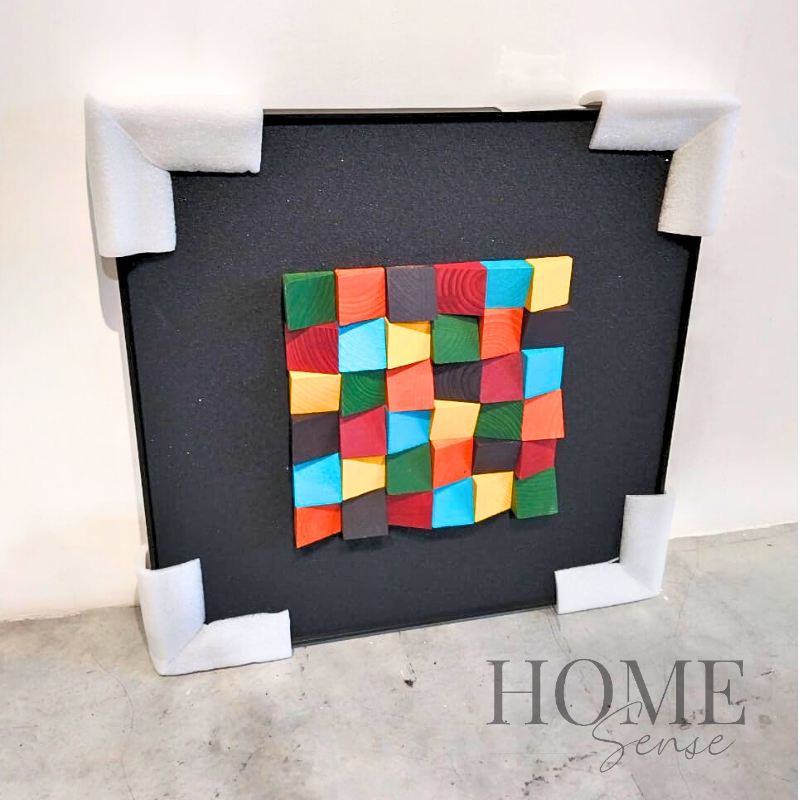 Geometric Wood Block Wall Art , Black Frame