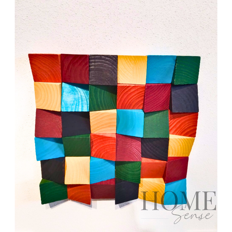 Geometric Wood Block Wall Art , Black Frame