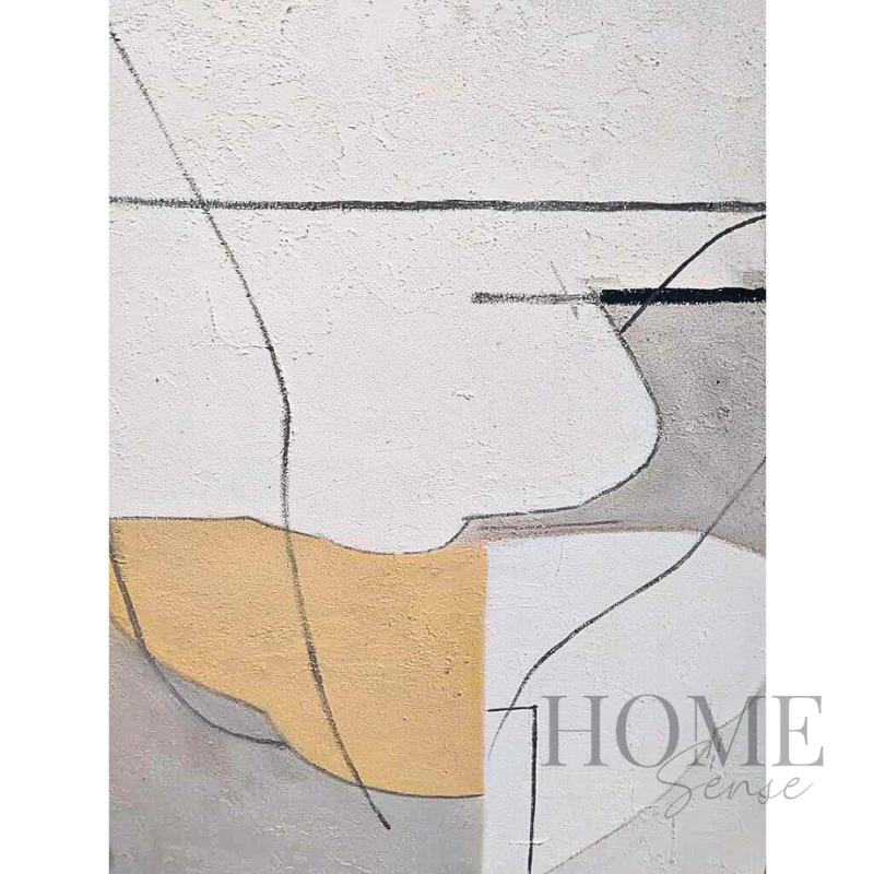 Close-up of textured acrylic, layered neutral shapes and expressive charcoal lines on Fragments of Calm wall art