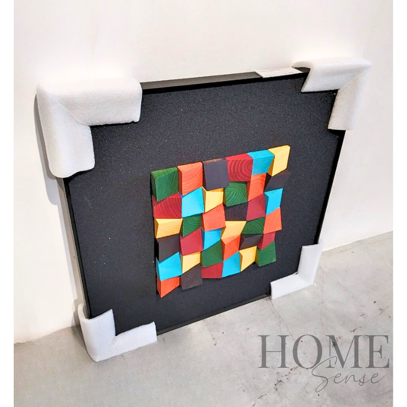 Geometric Wood Block Wall Art , Black Frame