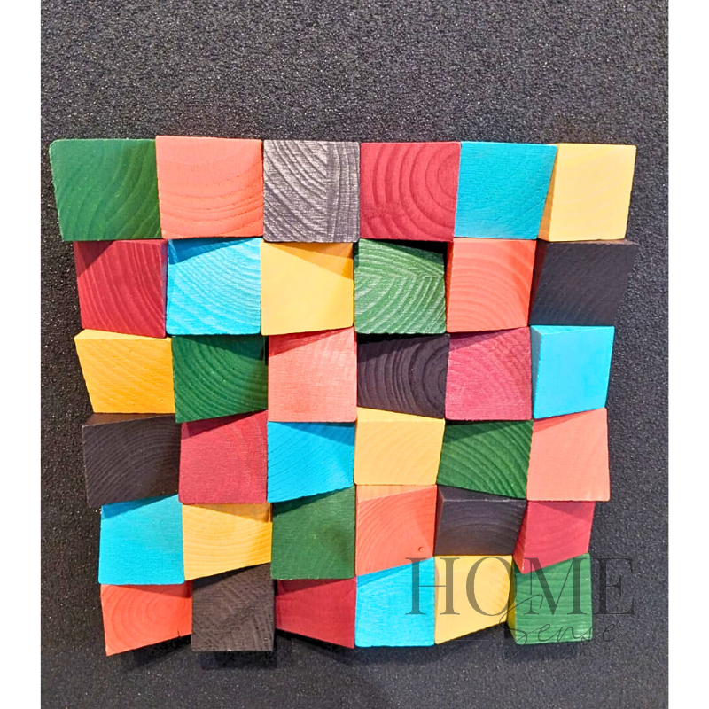 Geometric Wood Block Wall Art , Black Frame