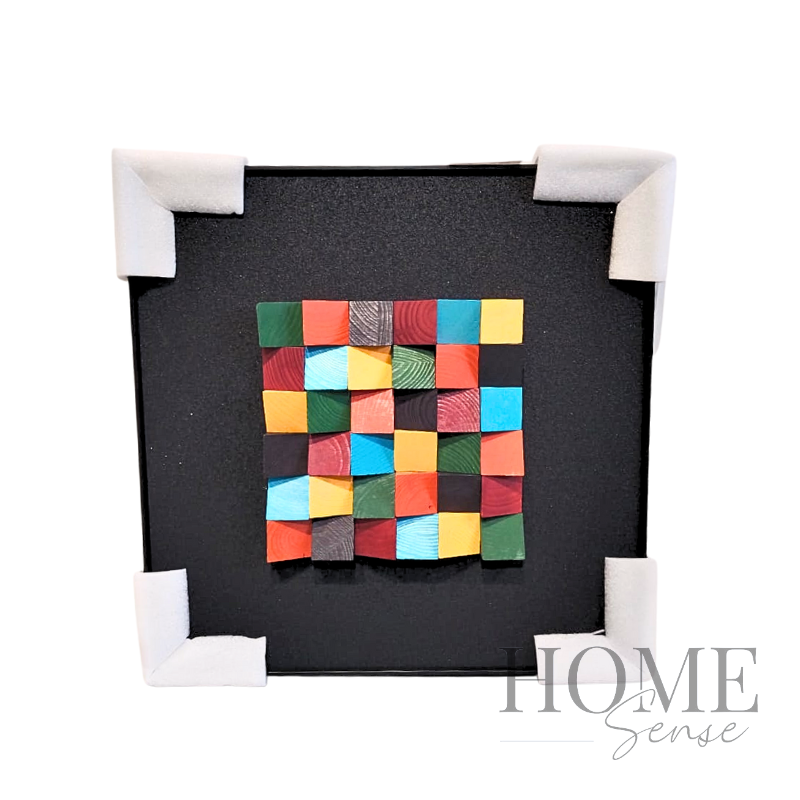 Geometric Wood Block Wall Art , Black Frame