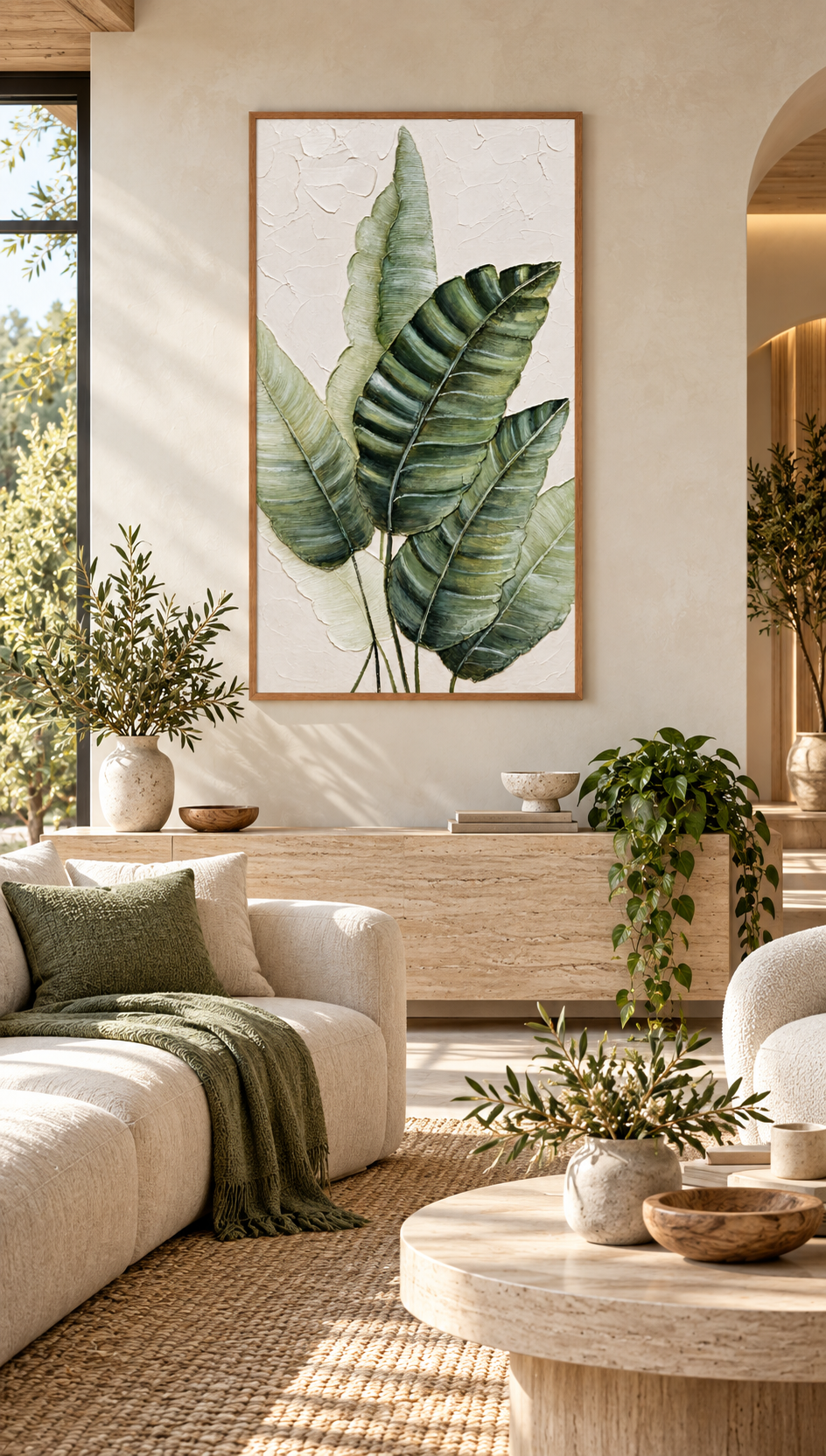 A framed botanical wall art print featuring large green tropical leaves on a textured off-white background, displayed in a modern living room setting above a light wood console table.