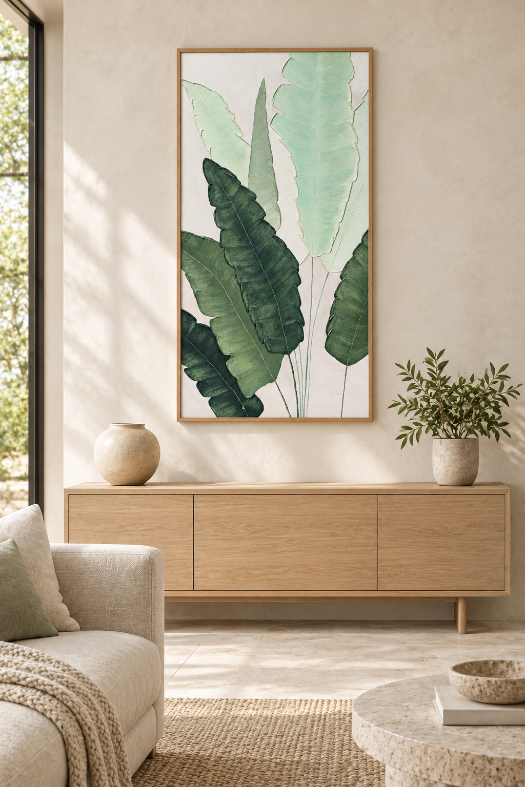 A framed botanical wall art print with large green tropical leaves hanging above a light wood console in a styled living room.