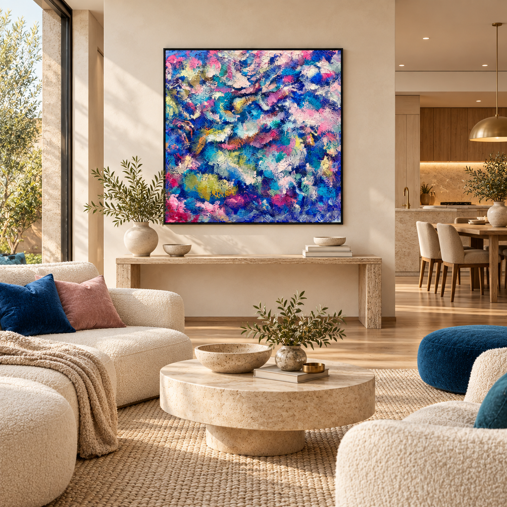 A large square abstract canvas print with vibrant swirling brushstrokes of blue, purple, pink, and white, displayed on a beige wall in a modern, sunlit living room with a stone coffee table and textured seating.