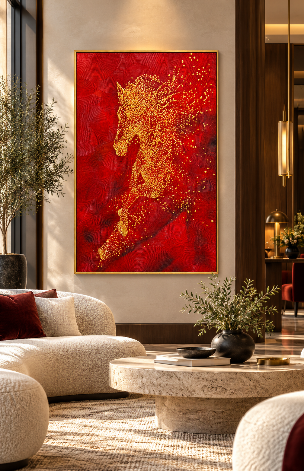 A vertical framed wall art piece featuring a stylized horse silhouette made of gold speckles on a rich red background, displayed in a modern living room setting above a cream boucle sofa and stone coffee table.