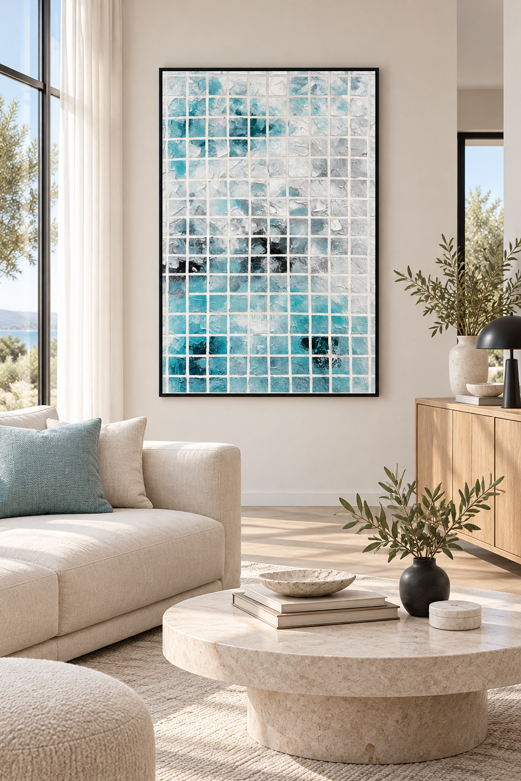Aqua Mosaic textured geometric canvas wall art displayed in a modern living room