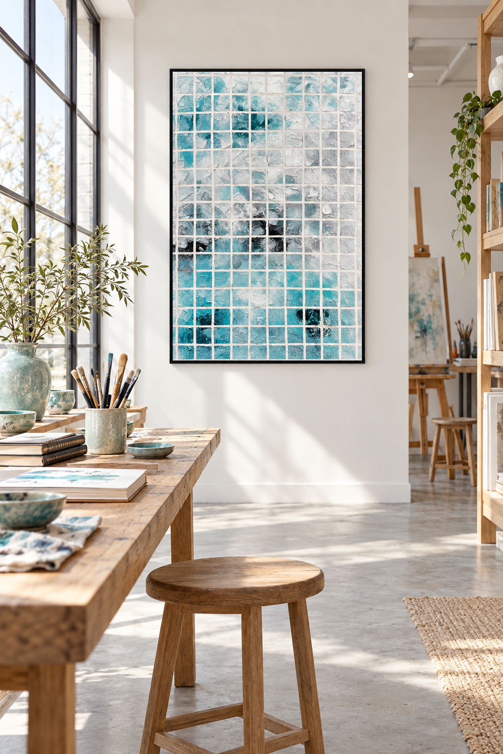 Aqua Mosaic – 3D Textured Geometric Canvas Wall Art