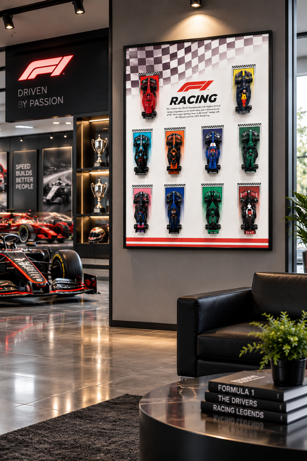 Portrait racing-car gallery display with colourful panels and black aluminium frame