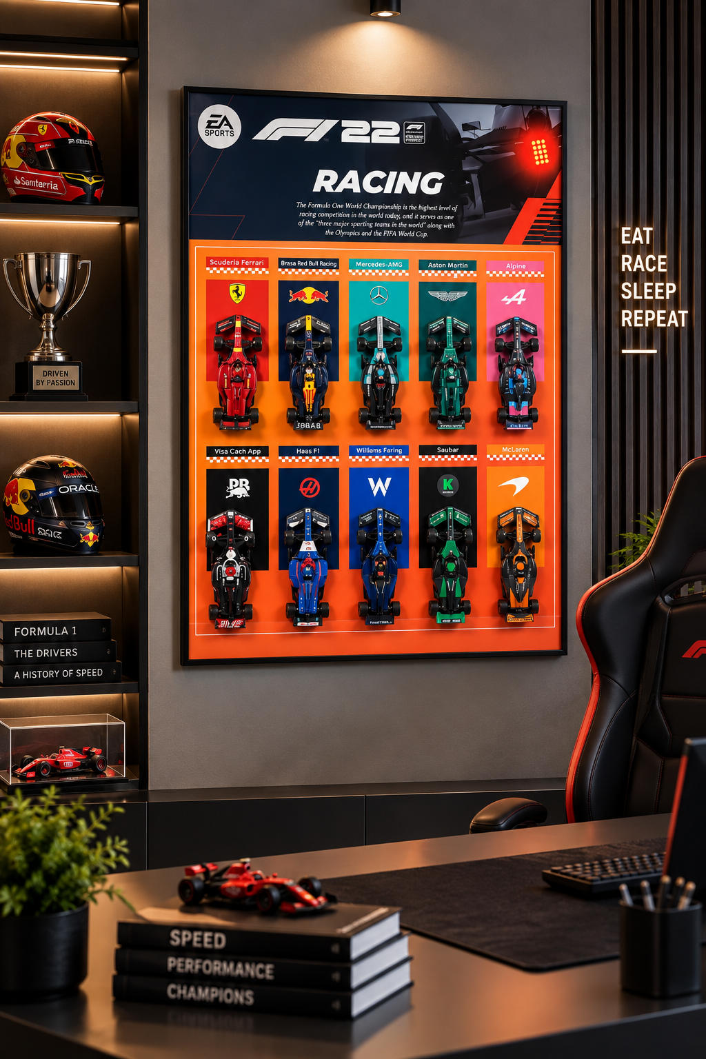 A framed F1 2024 racing wall poster displayed on a dark gray wall in a modern gaming room. The poster features a grid of various Formula 1 cars with their team logos, including Ferrari, Red Bull, Mercedes, and others, set against a bright orange background.