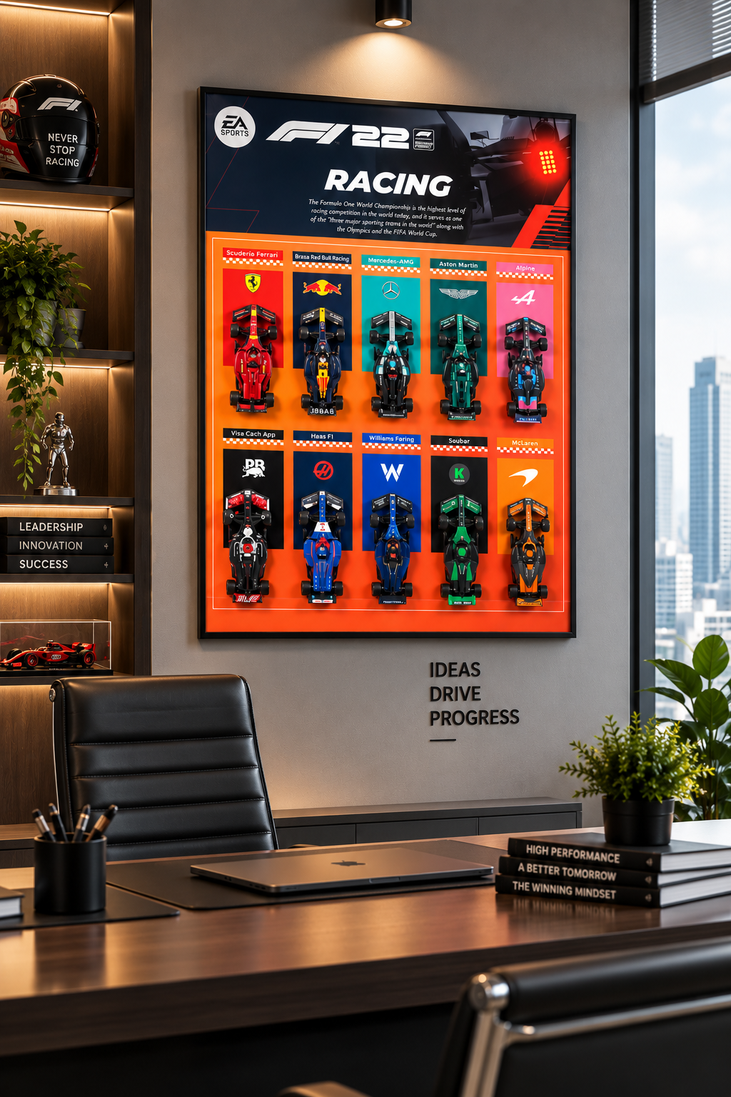 Portrait racing-car grid display with orange background and black aluminium frame