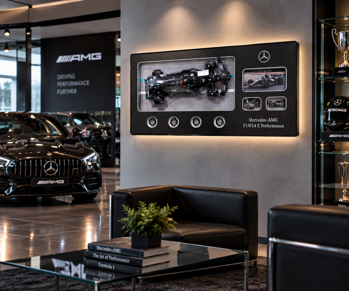 Black Formula-style racing-car model display in a black aluminium frame
